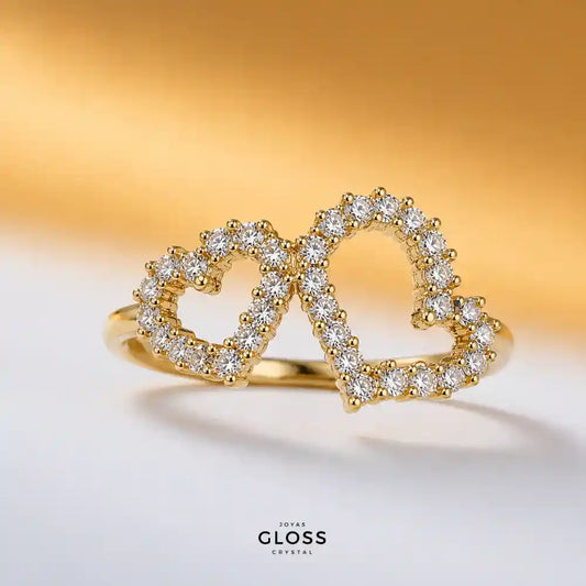 Anillo Amor Amor Doble Corazón Baño de Oro 18k