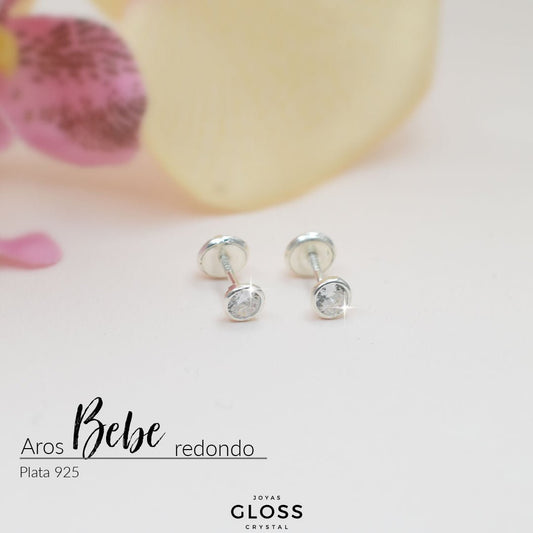 Aros Bebe Plata Circón Redondo 4mm - Joyas Gloss Crystal