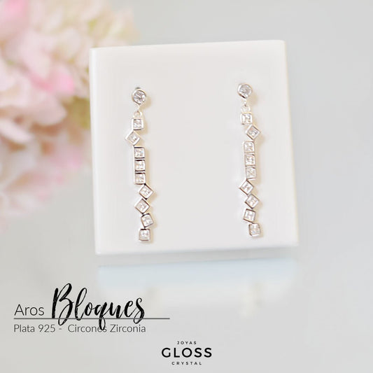 Aros Bloques Plata Novia Circón - Joyas Gloss Crystal