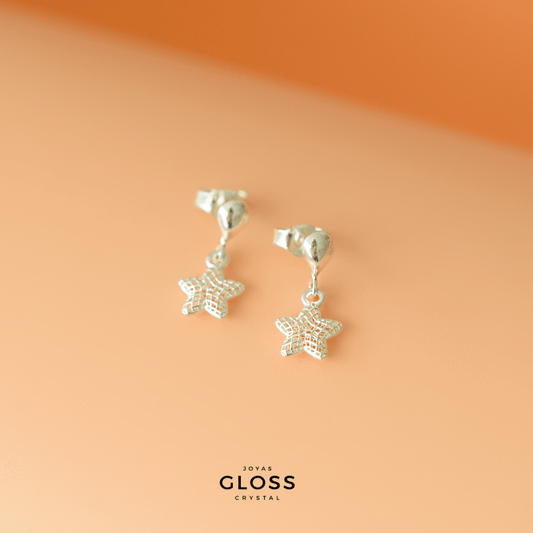 Aros Pequeños Estrella Malla Plata - Joyas Gloss Crystal