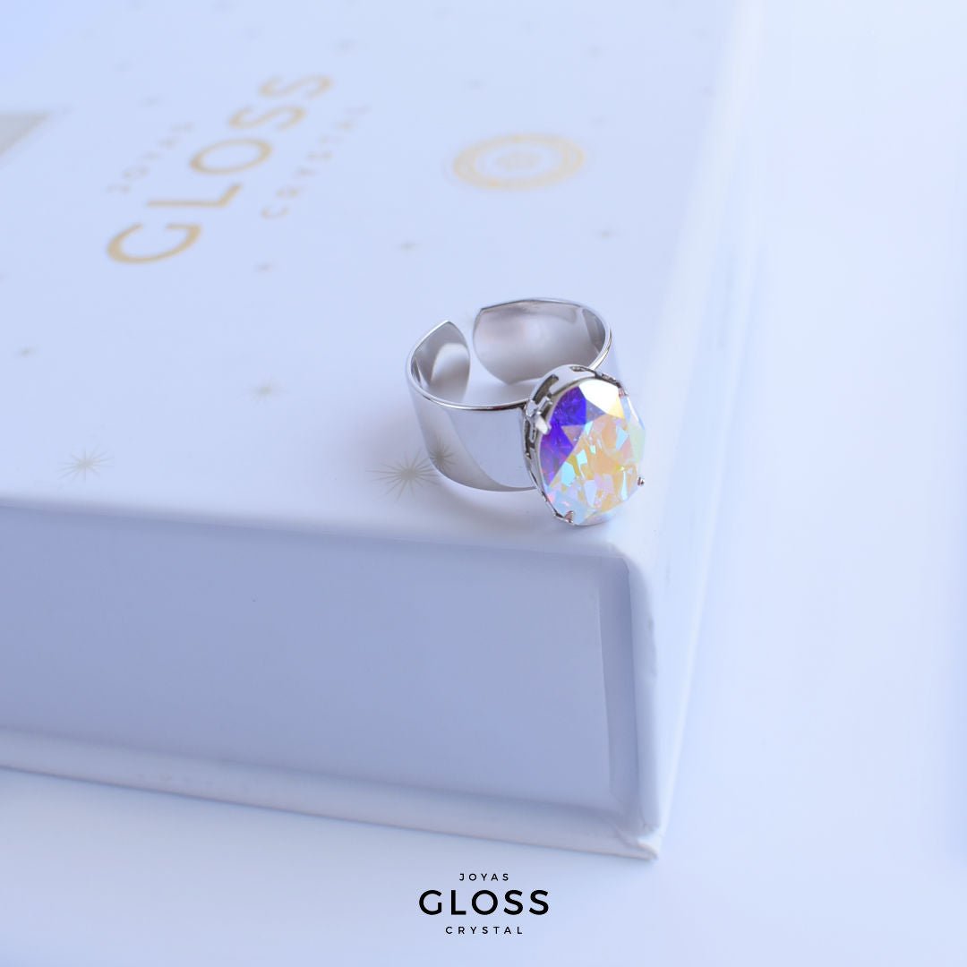 Anillo Ovalo Aurora Boreal Rodinado Plateado - Joyas Gloss Crystal