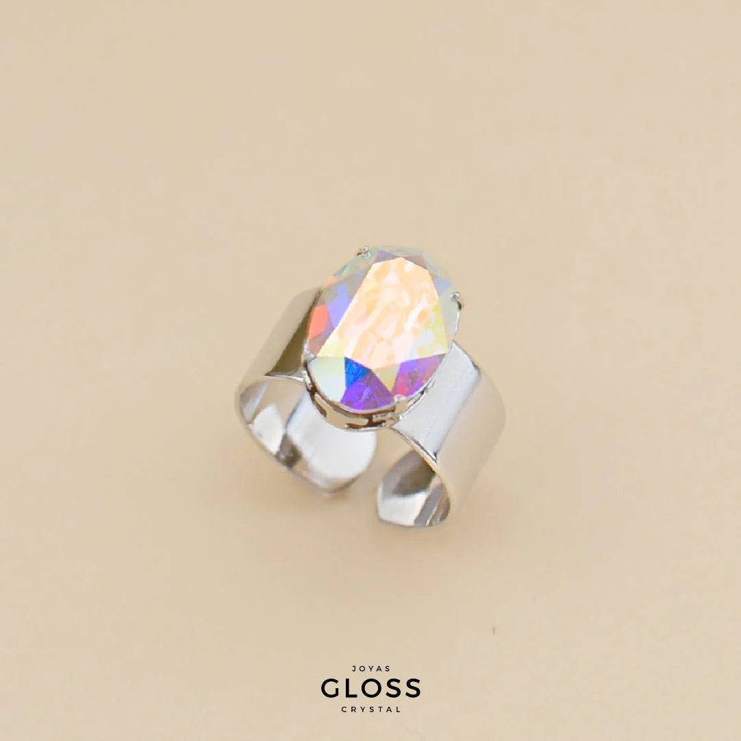 Anillo Ovalo Aurora Boreal Rodinado Plateado - Joyas Gloss Crystal