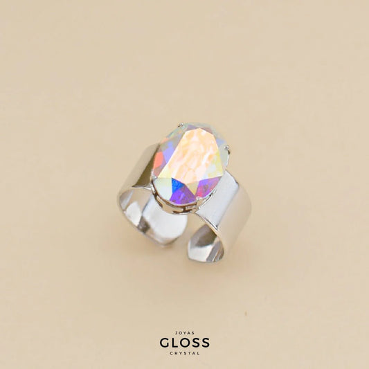 Anillo Ovalo Aurora Boreal Rodinado Plateado - Joyas Gloss Crystal