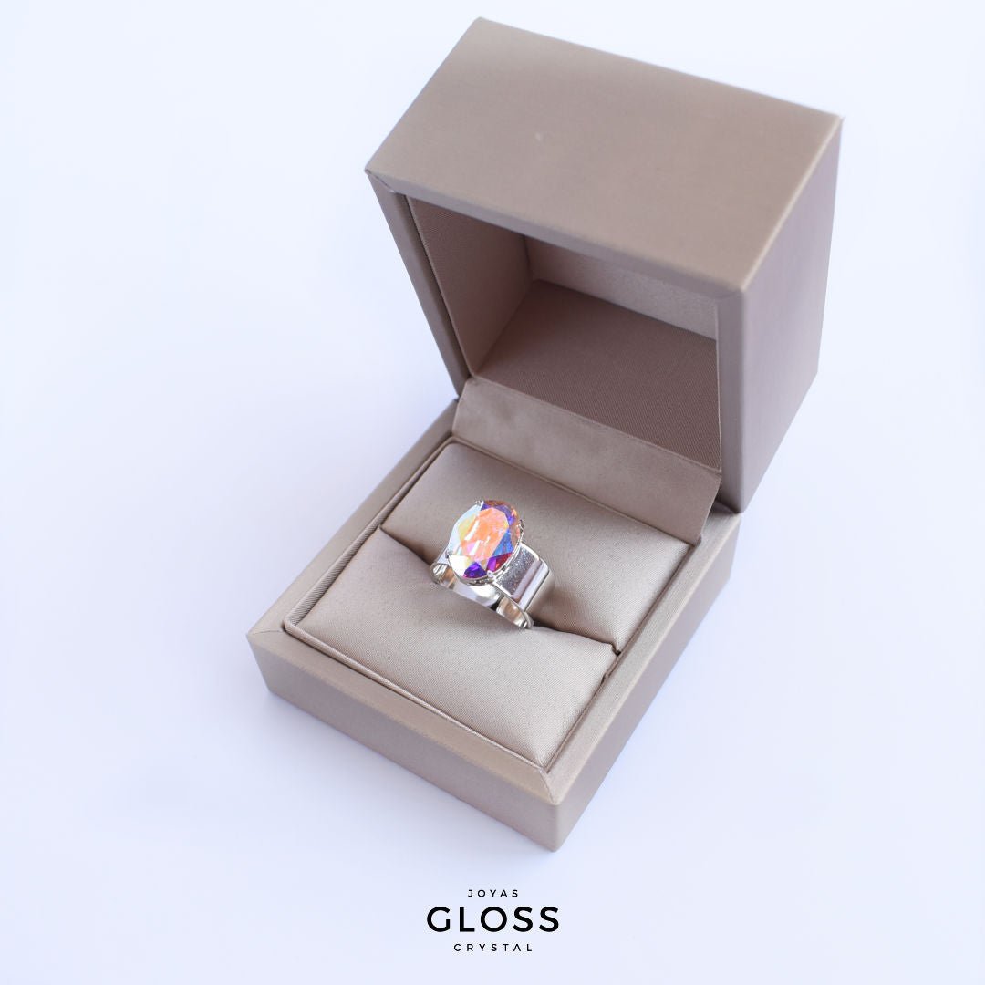 Anillo Ovalo Aurora Boreal Rodinado Plateado - Joyas Gloss Crystal