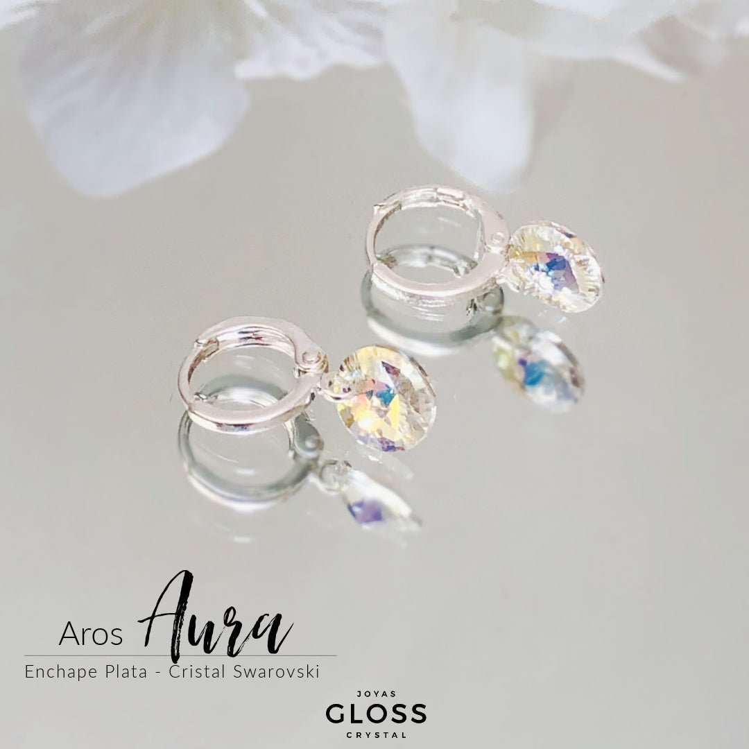 Aros Aura Tornasol Plata Cristal Genuino - Joyas Gloss Crystal