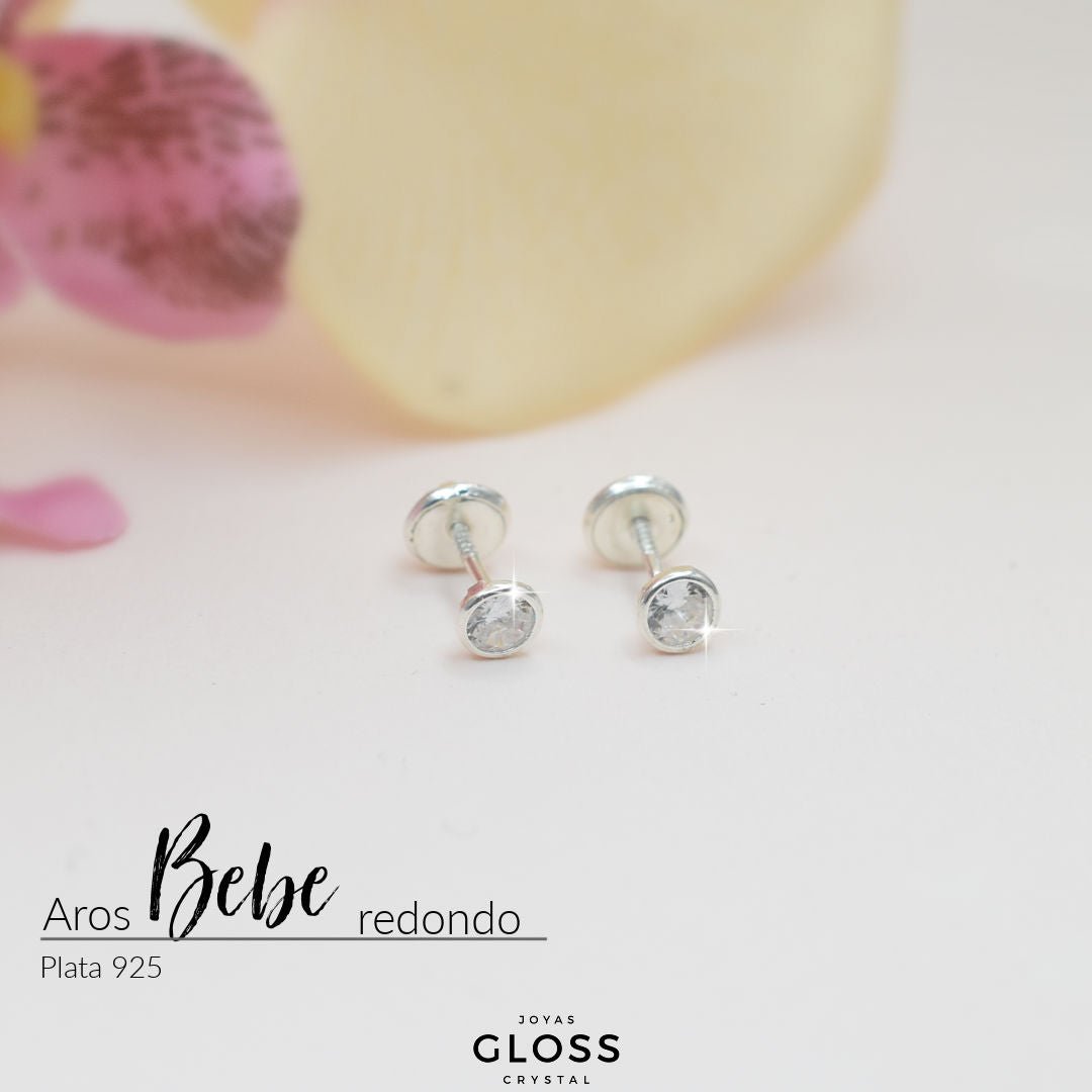 Aros Bebe Plata Circón Redondo 4mm - Joyas Gloss Crystal