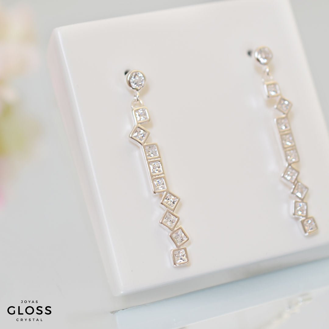 Aros Bloques Plata Novia Circón - Joyas Gloss Crystal