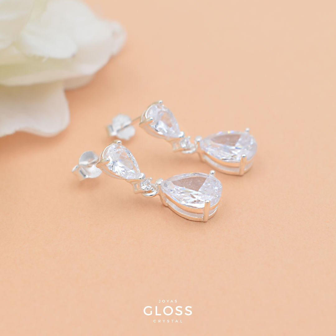 Aros Colgantes Circón Plateados - Joyas Gloss Crystal