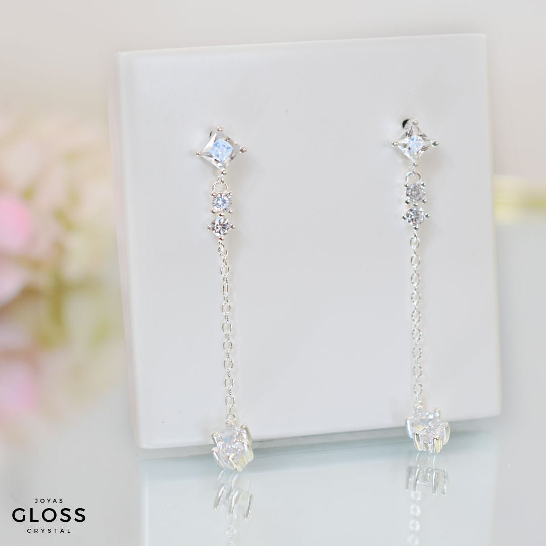 Aros Colgantes Novia Plata Circón - Joyas Gloss Crystal
