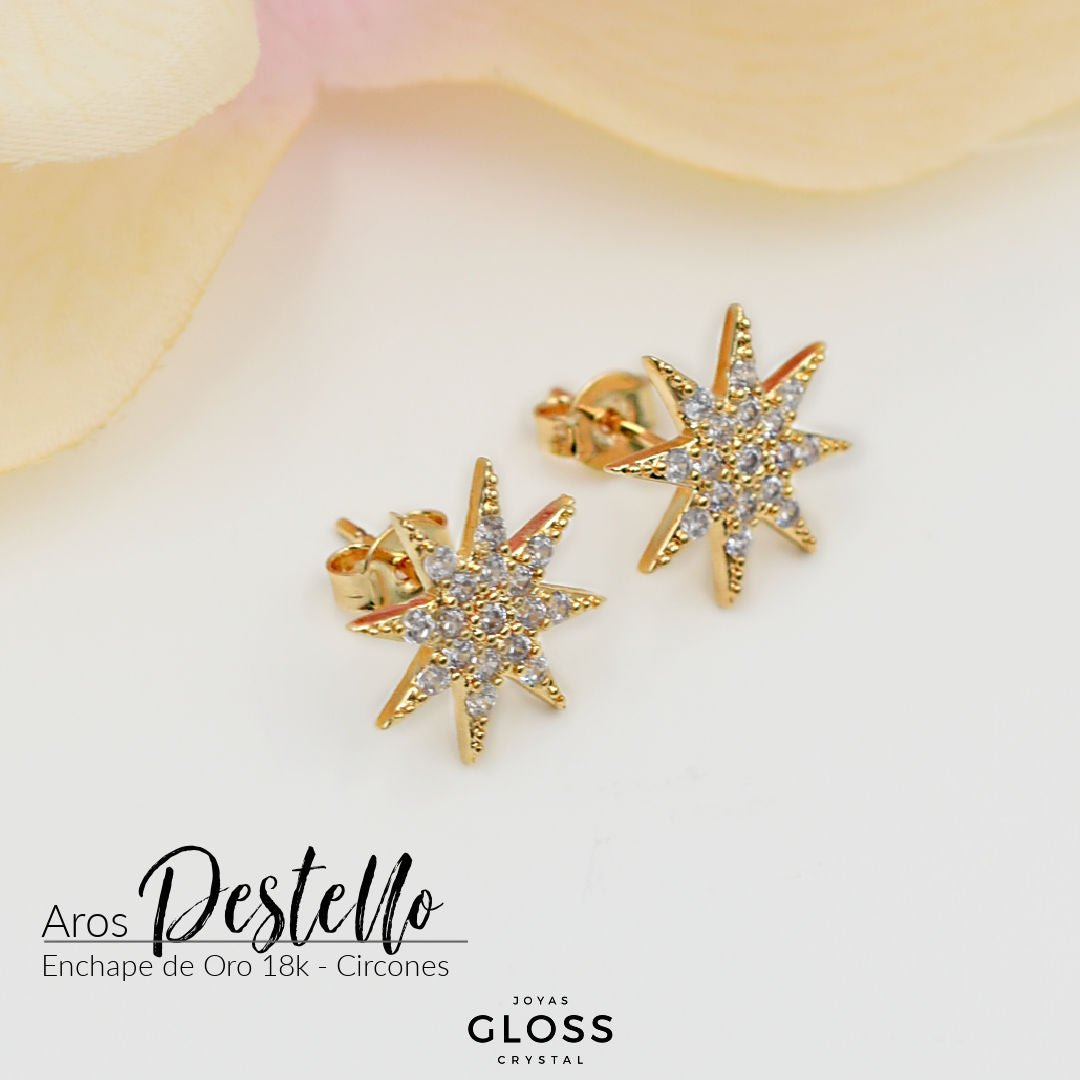 Aros Destello Enchape Oro 18k - Joyas Gloss Crystal