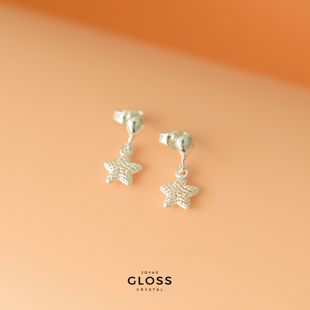 Aros Pequeños Estrella Malla Plata - Joyas Gloss Crystal