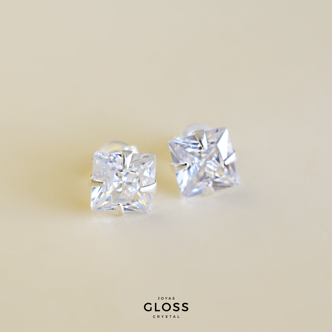 Aros Punto de Luz Cuadrado Plata - Joyas Gloss Crystal