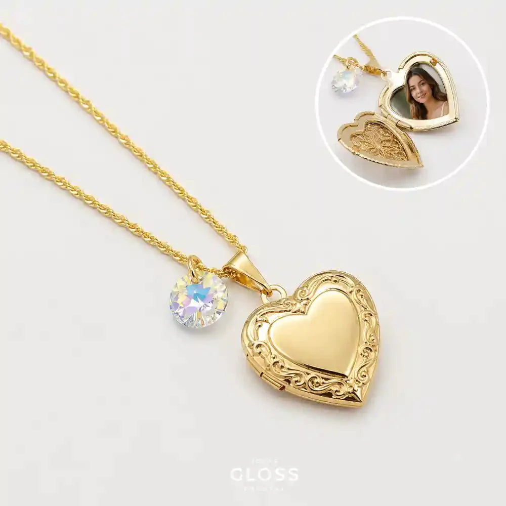 Collar Relicario Corazón Liso Oro 18k + Swarovski - Joyas Gloss Crystal