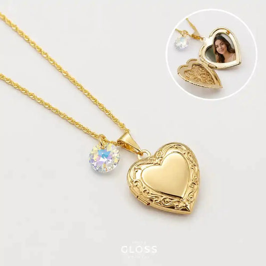 Collar Relicario Corazón Liso Oro 18k + Swarovski - Joyas Gloss Crystal