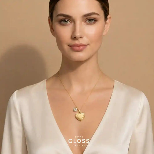 Collar Relicario Corazón Liso Oro 18k + Swarovski - Joyas Gloss Crystal