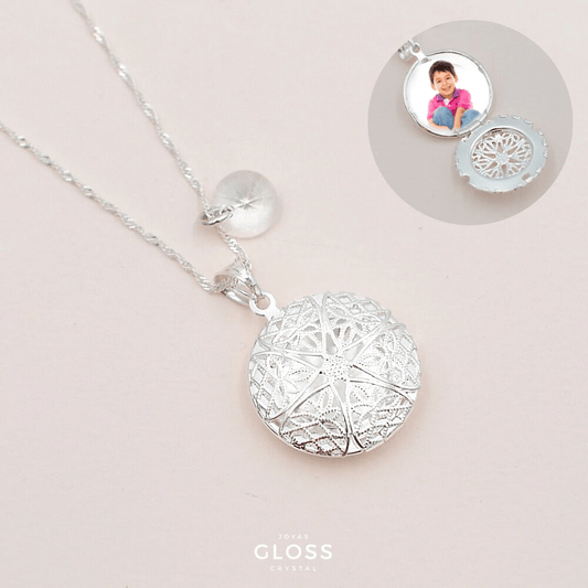 Collar Relicario Redondo Plata - Joyas Gloss Crystal