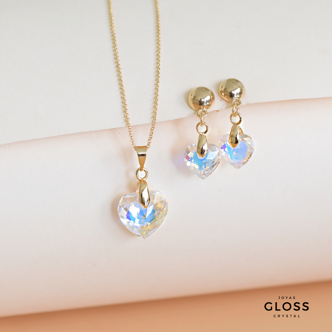 Joyero + Conjunto Diamante Aurora Boreal Oro Swarovski - Joyas Gloss Crystal