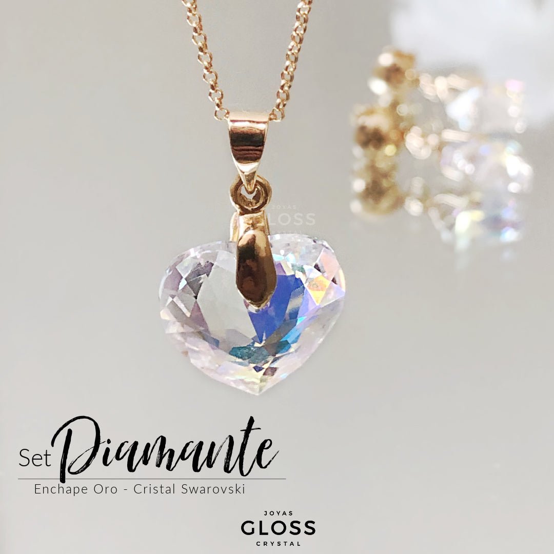 Joyero + Conjunto Diamante Aurora Boreal Oro Swarovski - Joyas Gloss Crystal