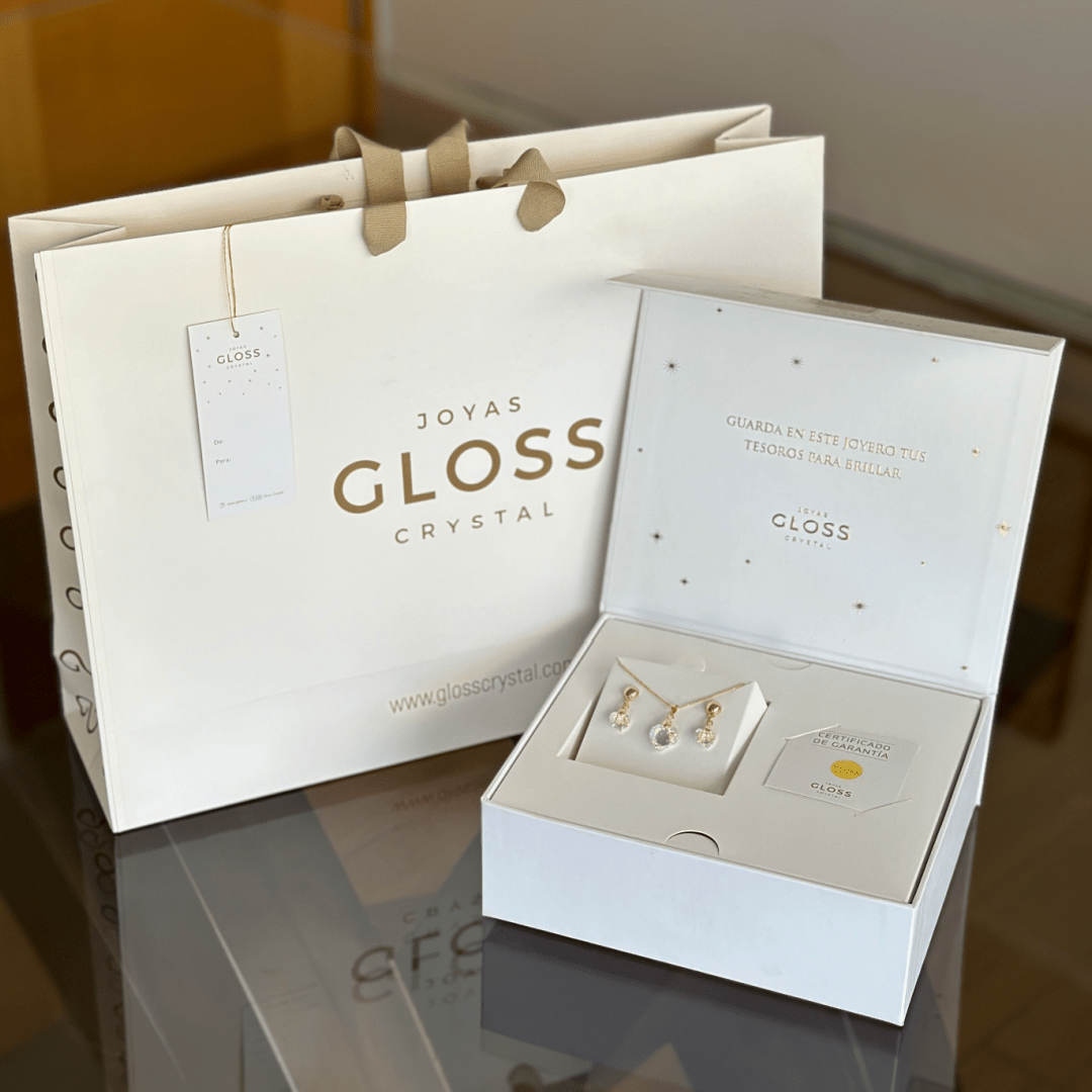 Joyero + Conjunto Diamante Aurora Boreal Oro Swarovski - Joyas Gloss Crystal