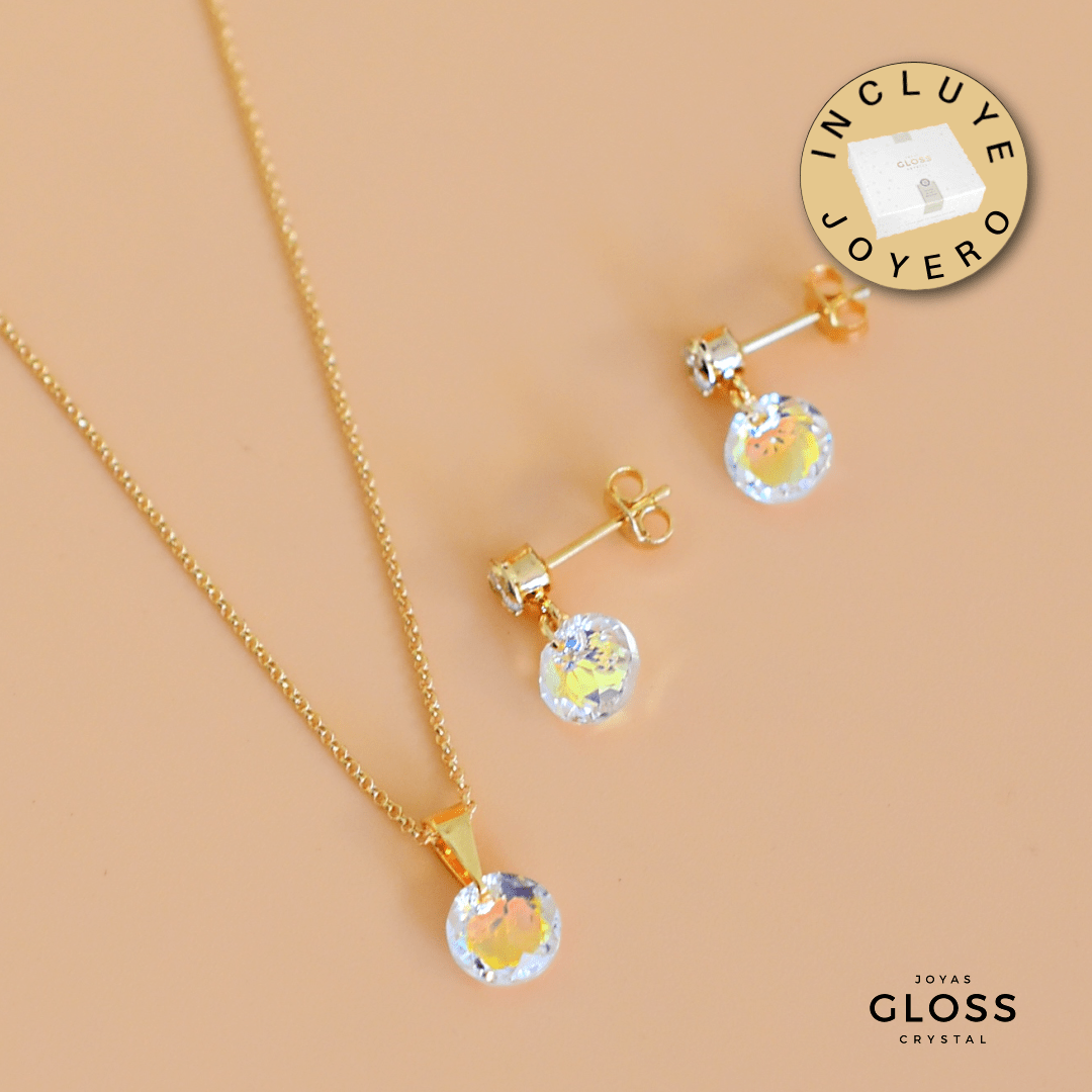 Joyero + Conjunto Punto de Luz Oro Swarovski - Joyas Gloss Crystal