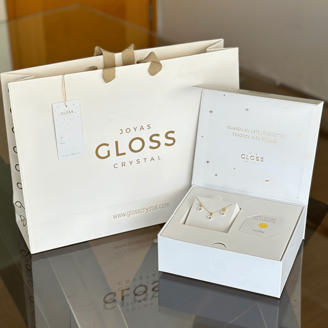 Joyero + Conjunto Punto de Luz Oro Swarovski - Joyas Gloss Crystal