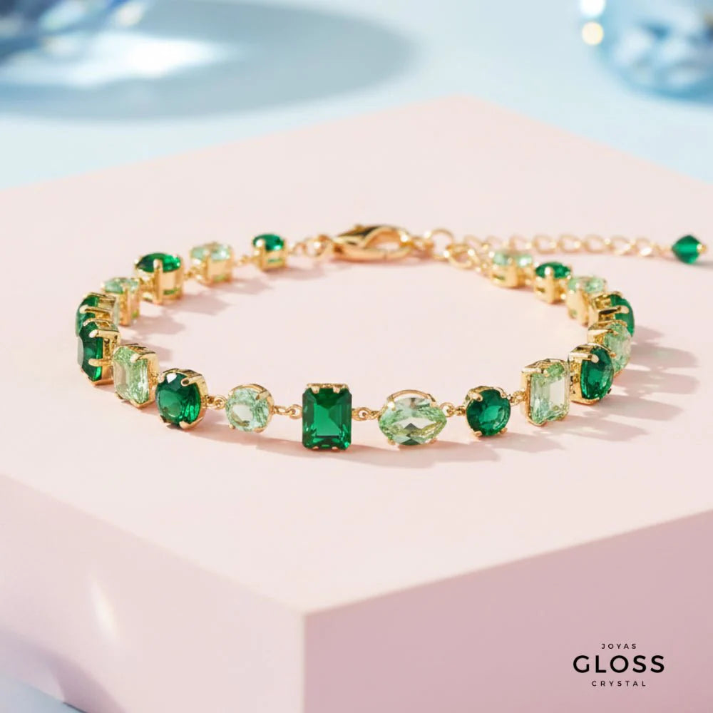 Pulsera Emperatriz Esmeralda Baño de Oro 18k - Joyas Gloss Crystal