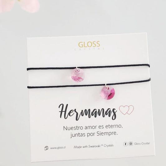 Pulsera Hermanas Rosado Hilo Cristal Genuino - Joyas Gloss Crystal